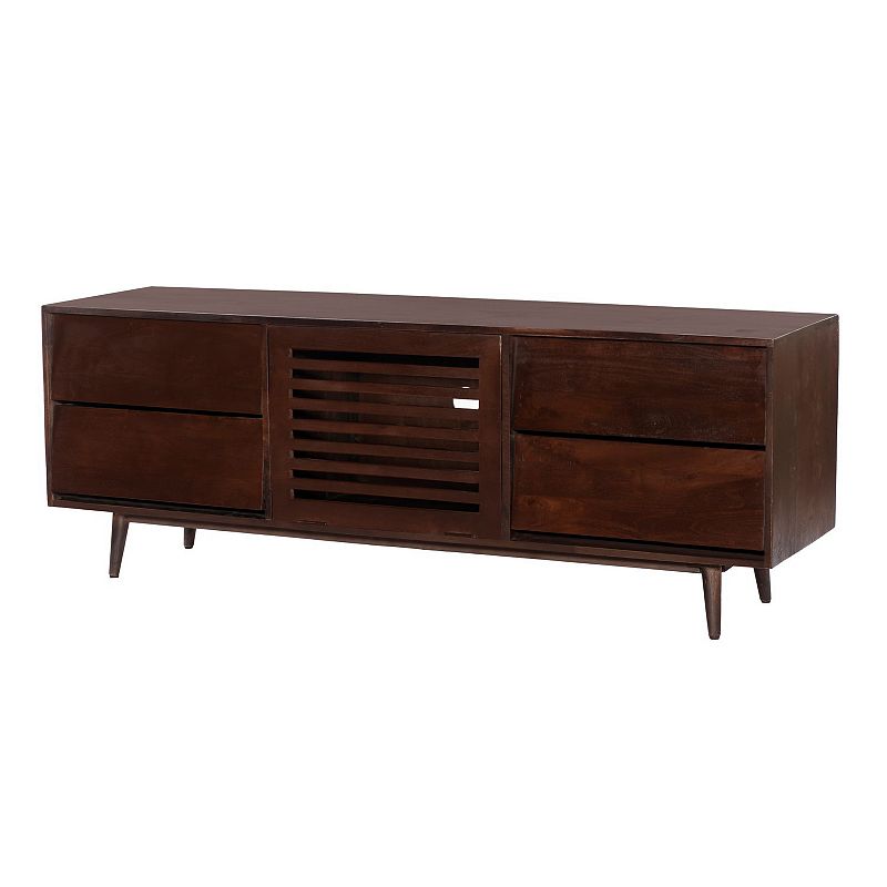 64 Inch TV Cabinet with 4 Drawers and Wooden Frame， Walnut Brown