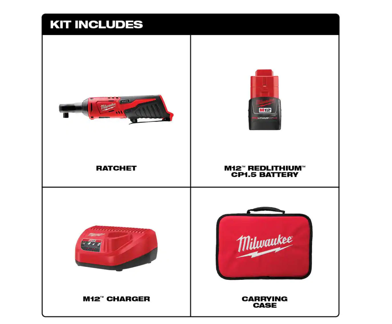 Milwaukee 2457-21 M12 12-Volt Lithium-Ion Cordless 3/8 in. Ratchet Kit with One 1.5 Ah Battery， Charger and Tool Bag