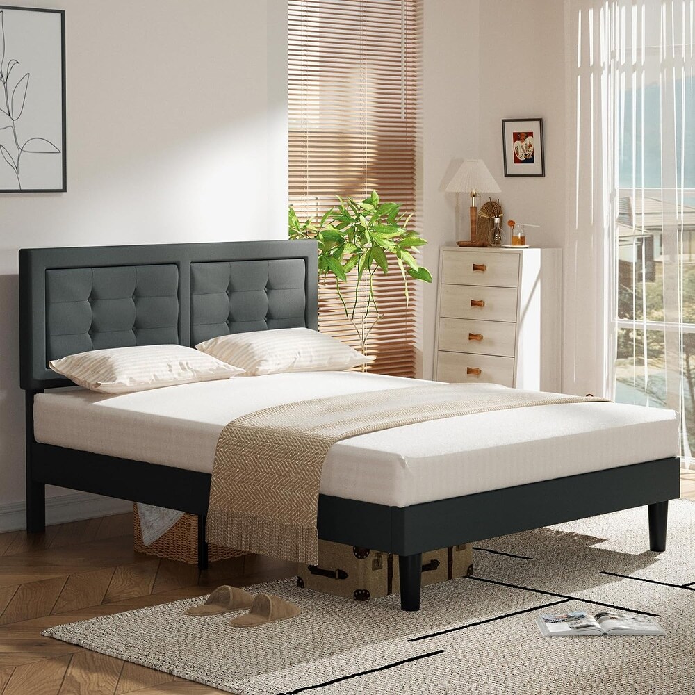 VECELO Tufted Upholstered Bed with Adjustable Headboard  Dark Grey Beige Blue Bed