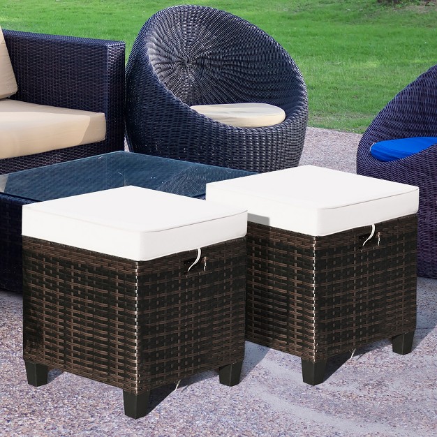 Costway 2pcs Patio Rattan Ottoman Cushioned Seat Beige