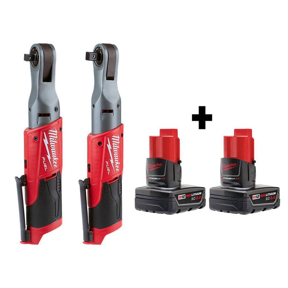 MW M12 FUEL 12V Lithium-Ion Brushless Cordless 38 in. and 12 in. Ratchet with Two 3.0 Ah Batteries 2557-20-2558-20-48-11-2412