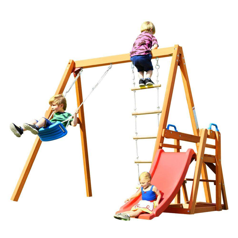 Outdoor Wooden Swing Set with Slide LMM00062Q