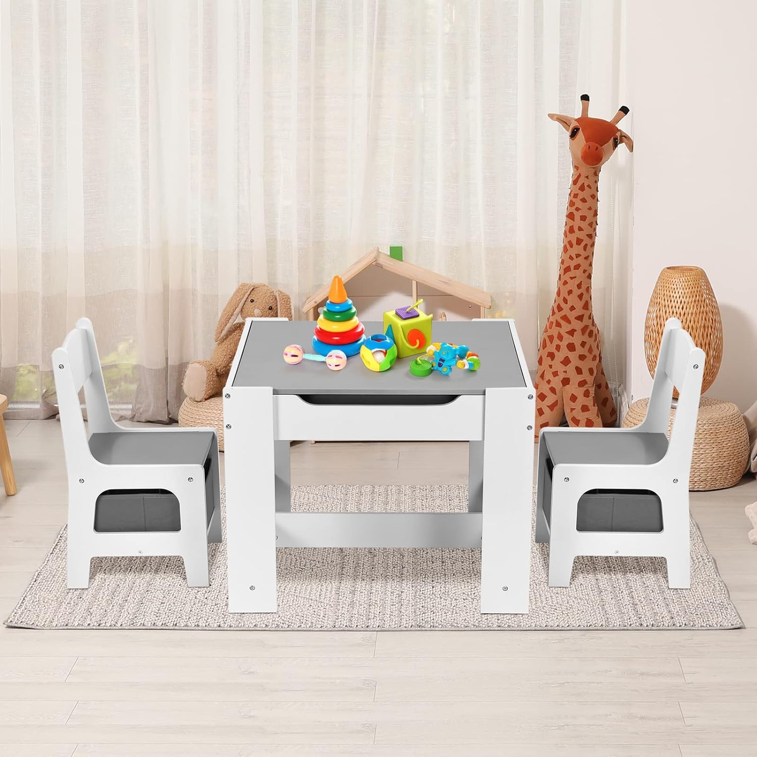 Kids Table and Chairs Set with Storage Drawers, Drawing Black Board Desk