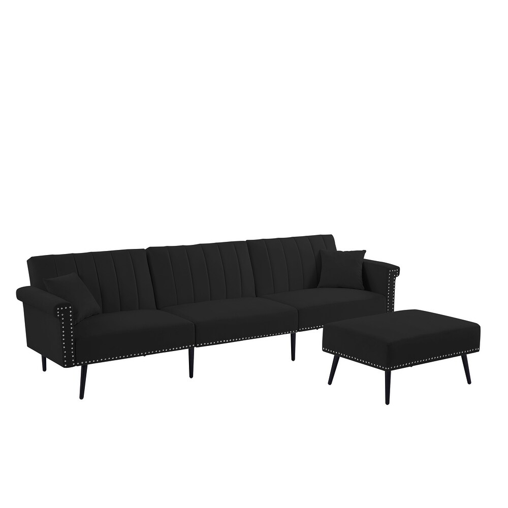 Velvet Upholstered L Shaped Sectional Sofa Convertible Sofa Bed with Nailhead Trim and Ottoman  Adjustable Backrest Positions