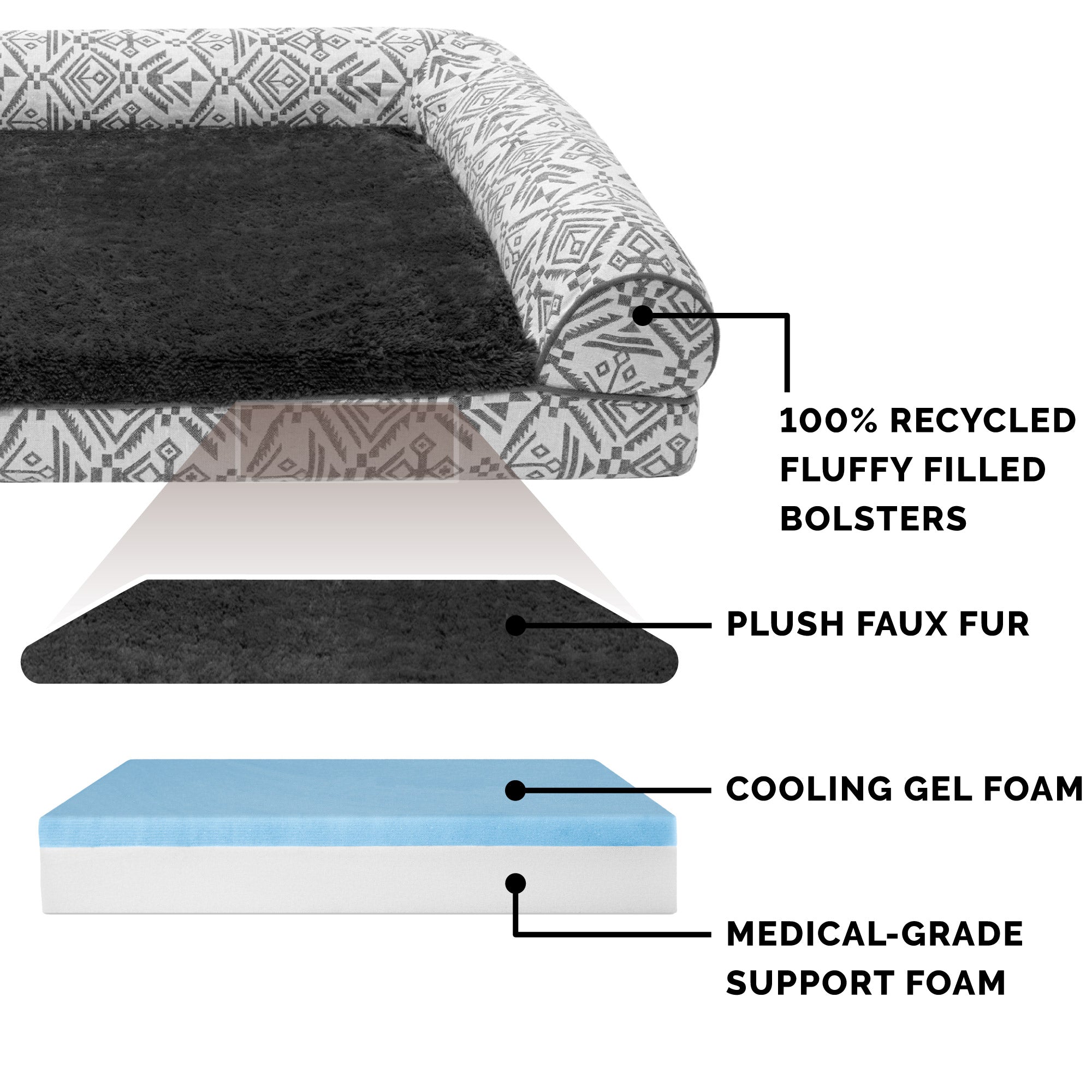 FurHaven Pet Products | Cooling Gel Memory Foam Orthopedic Southwest Kilim Sofa-Style Couch Pet Bed for Dogs and Cats， Boulder Gray， Large