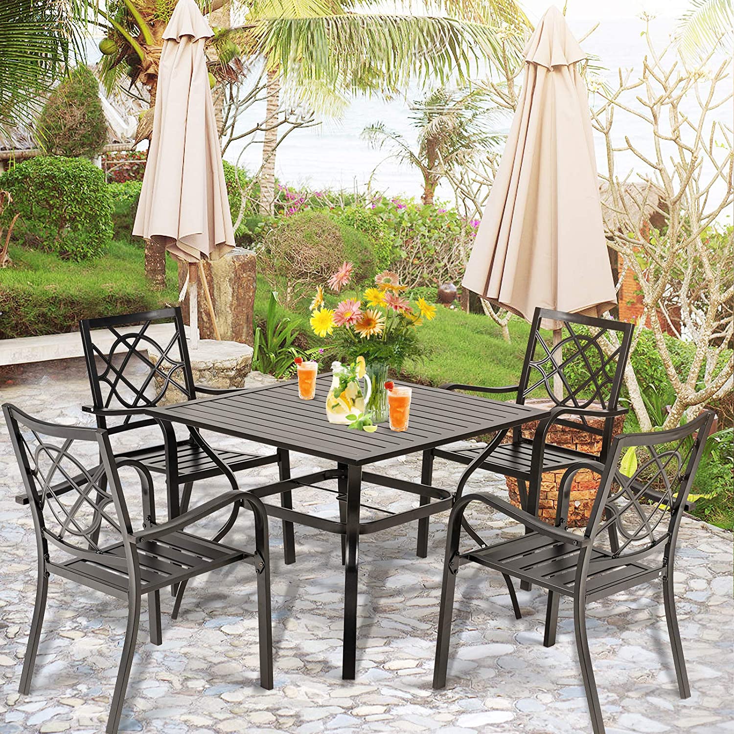 SUNCROWN Patio Dining Chair Outdoor Metal Stackable Chairs Set of 2, Black