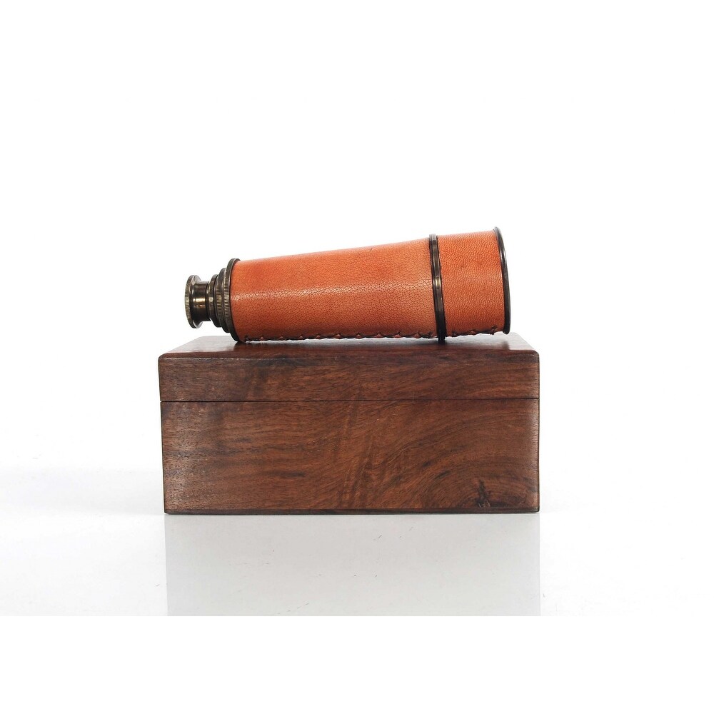 Natural Leather and Brass Handheld Telescope in Wood Box   16x2.25x2.25\