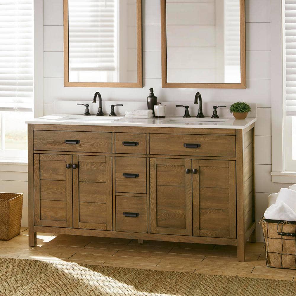 Home Decorators Collection Stanhope 61 in W x 22 in D Vanity in Reclaimed Oak with Engineered Stone Vanity Top in Crystal White with White Sink