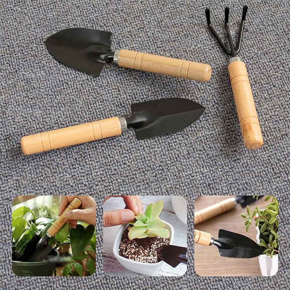 Giugt Garden Tool Sets, 3Pcs Wooden Handle Mini Shovel Hand Planting Garden Small Rake Spade Tool