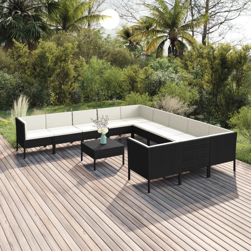 12 Piece Patio Lounge Set with Cushions Poly Rattan Black - Overstock - 36364657