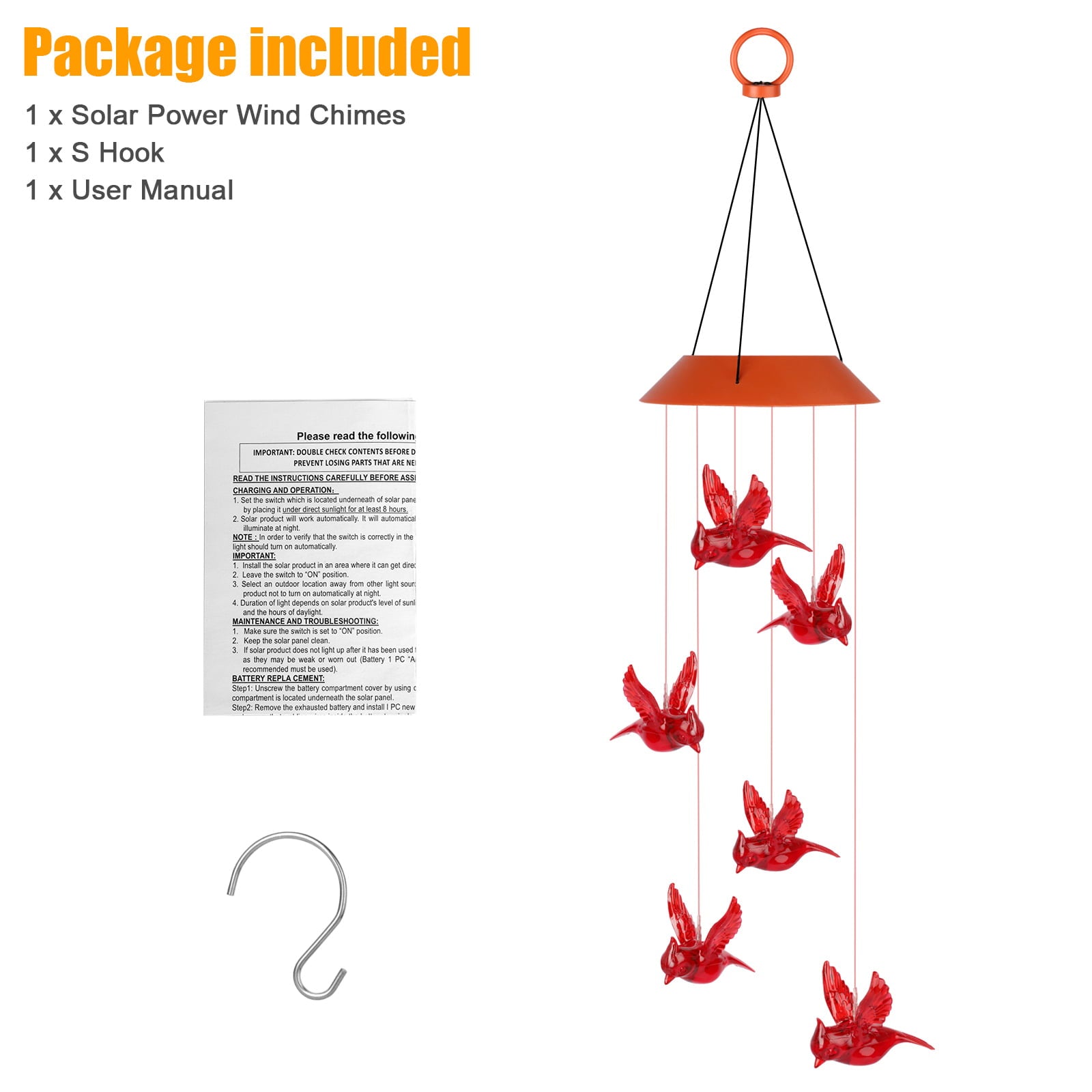 EEEkit Solar Cardinal Red Bird Wind Chime Lights， LED Cardinal Mobile Wind Chimes with S Hook， IP65 Waterproof for Patio Deck Yard Garden Home Decor