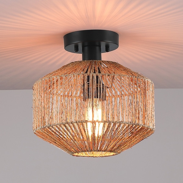 True Fine Bohemian Natural Jute Rope Semi Flush Mount Ceiling Light with Black Hardware - 10.2 in.W