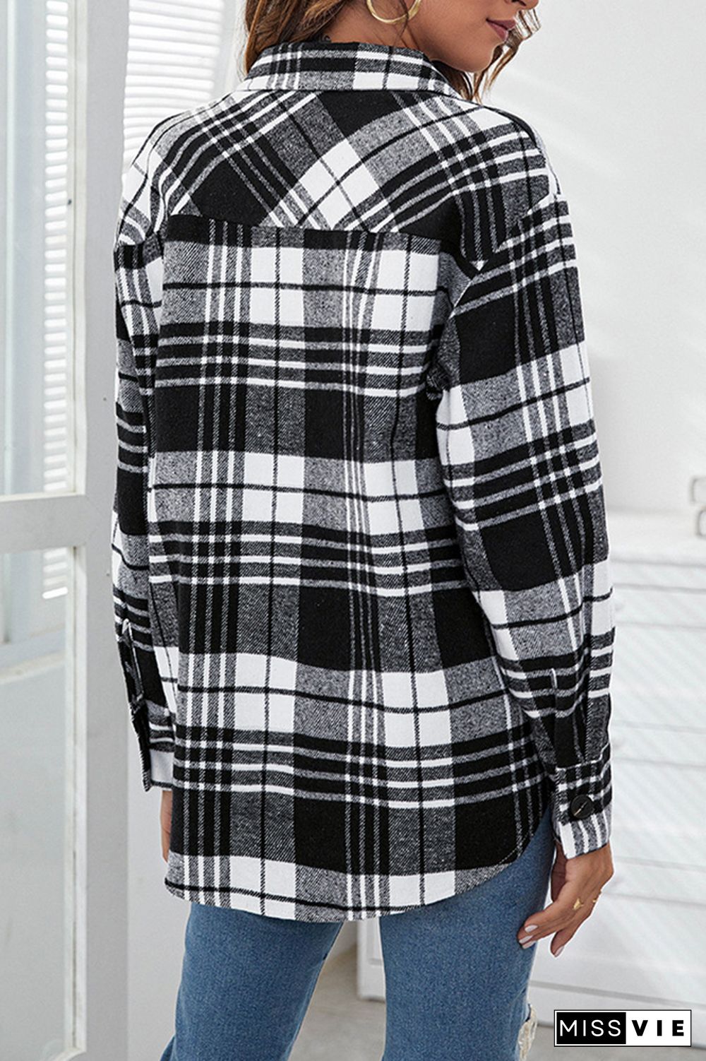 Loose Plaid Turn-down Collar Button Shacket Jacket Wholesale