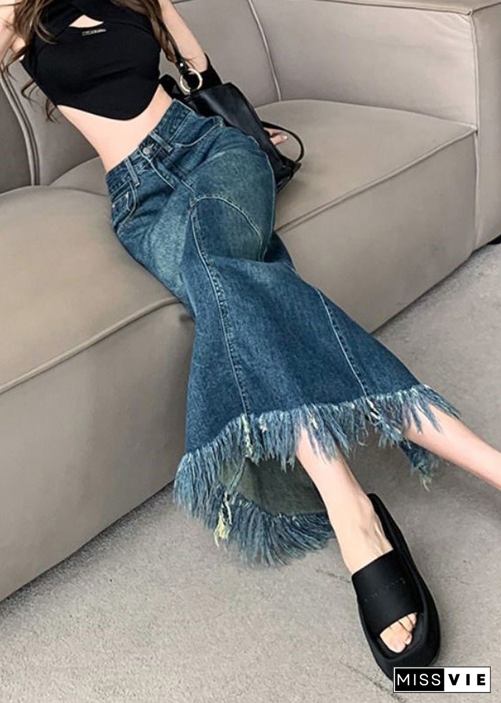 Women Navy High Waist Patchwork Tassel Denim Maxi Skirts Summer