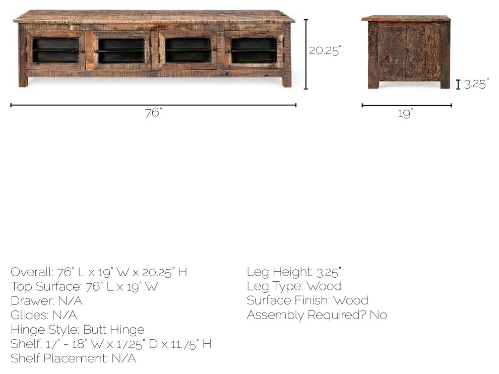 HomeRoots Medium Brown Reclaimed Wood TV Stand Media Console With 4 Metal Doors   Rustic   Entertainment Centers And Tv Stands   by VirVentures  Houzz