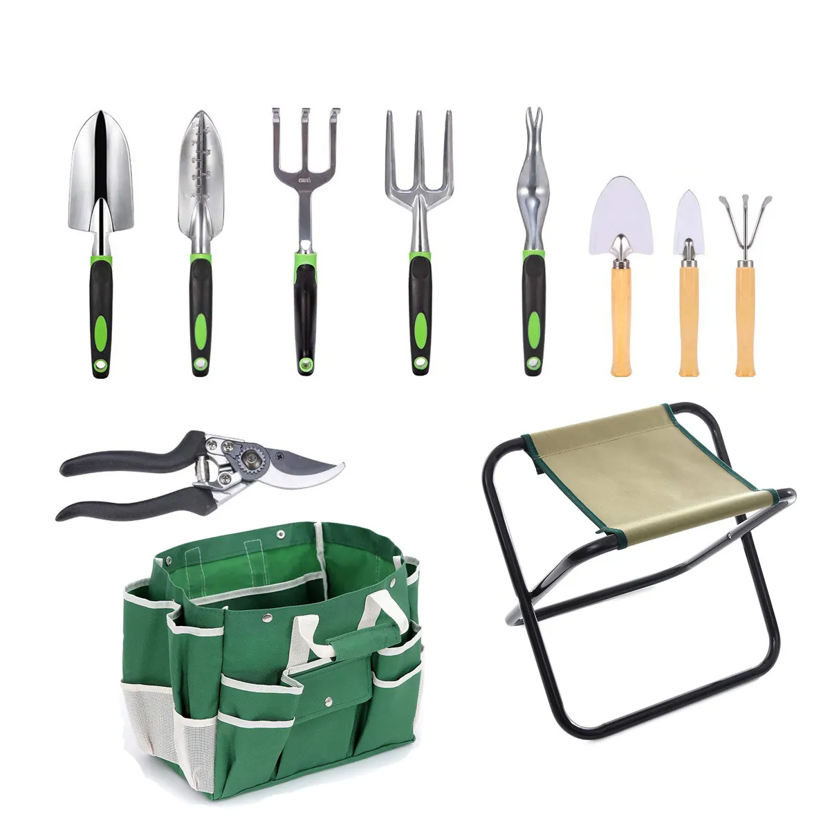 Army green indoor garden plant grow up Folding stool and toolkit garden hand tools processing factory