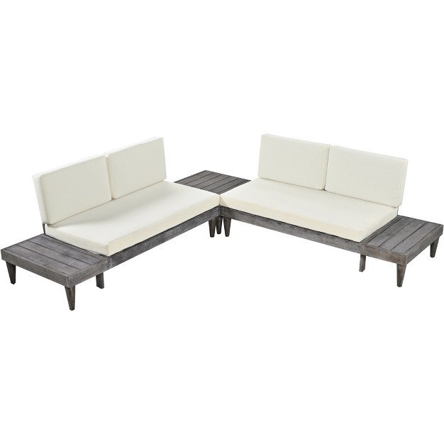 Outdoor 3 piece Garden Solid Wood Furniture Sofa With Coffee Table Side Table And Cushions Gray beige Modernluxe