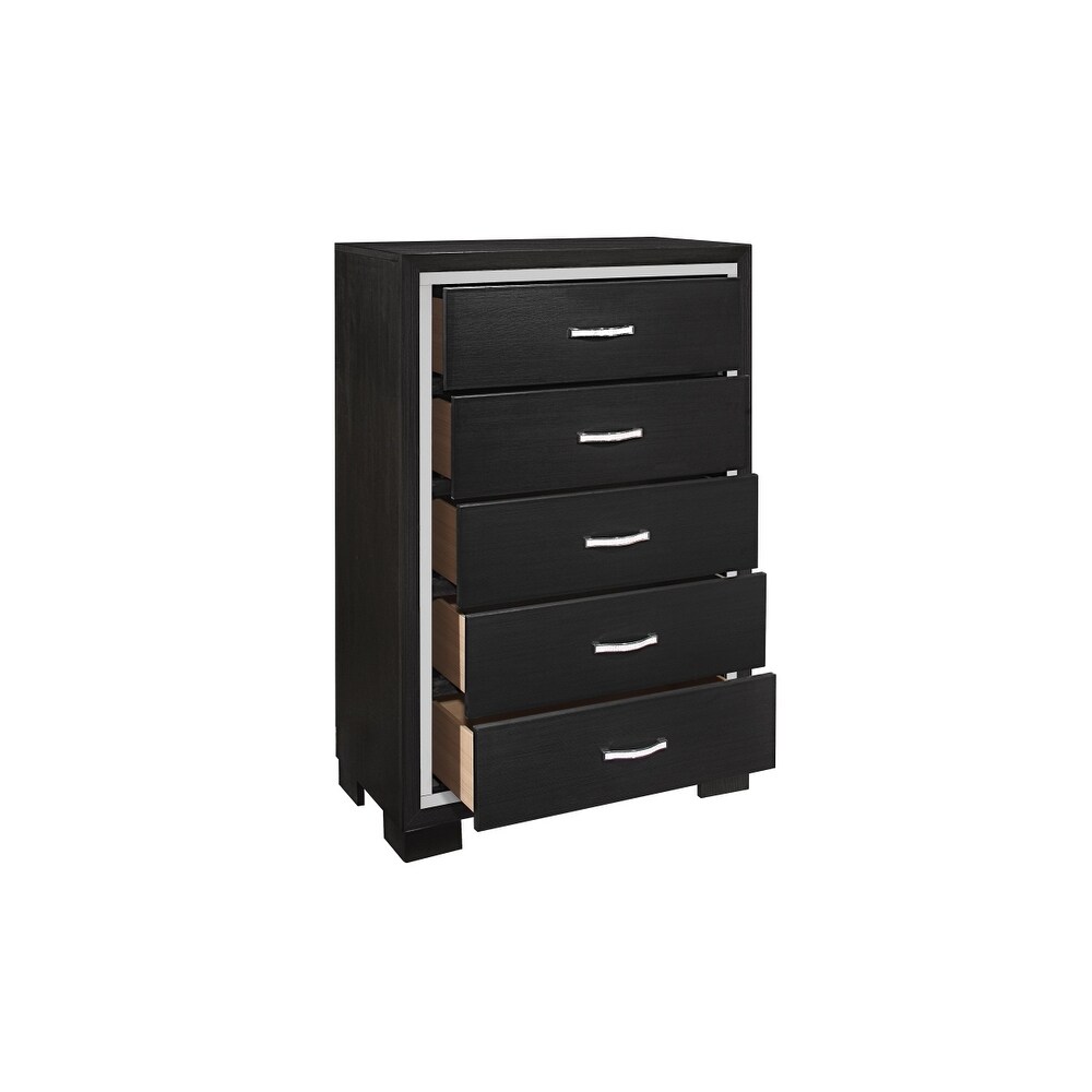 Trina 5 Piece Black Modern Bookcase Storage LED Panel Bedroom Set