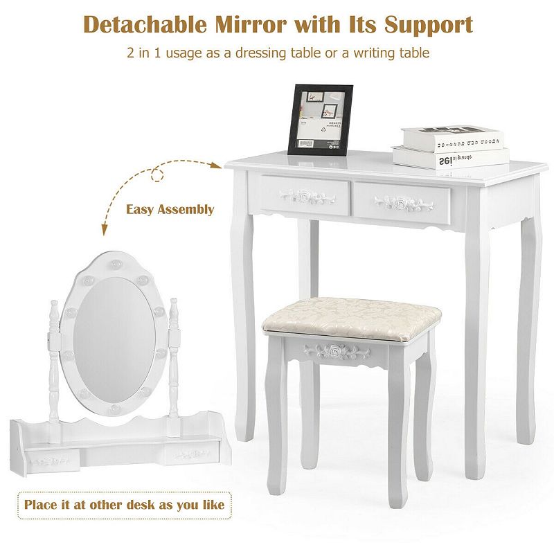 Makeup Vanity Dressing Table Set with Dimmable Bulbs Cushioned Stool