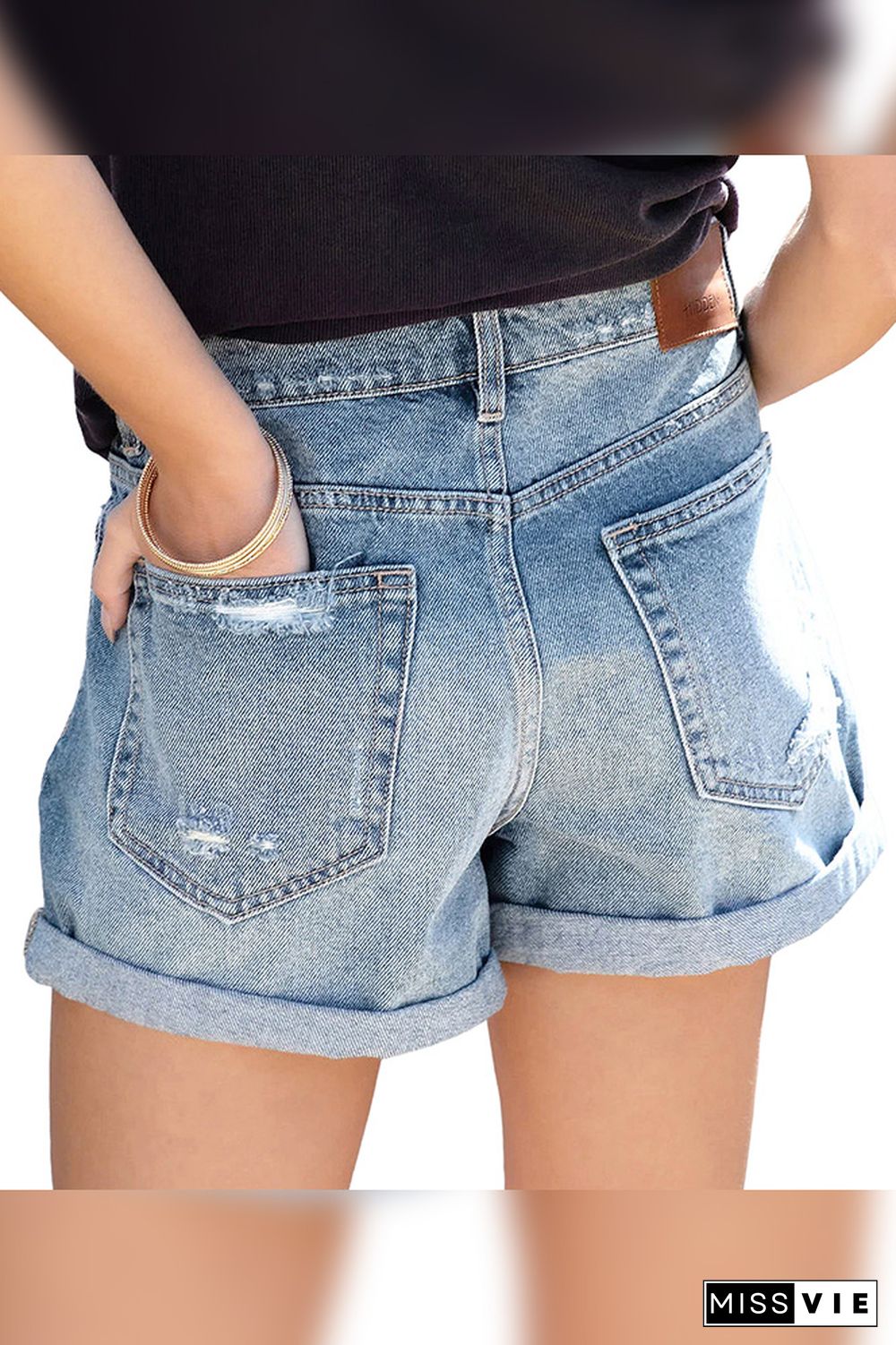 Blue Folded Hem Ripped Denim Shorts