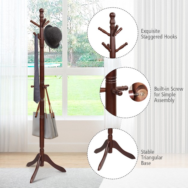 Tangkula Free Standing Coat Rack Solid Wood Hall Tree W 9 Hooks amp 2 Adjustable Height Grey black brown