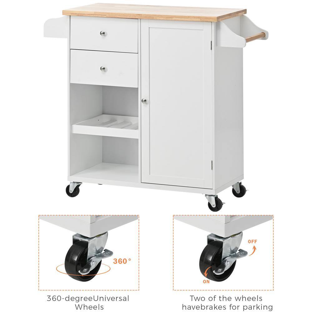 White Rubber Wood Top 41.3 in. W Kitchen Island on 4-Wheels with 2-Drawers and Large Storage Cabinet VJ033KIsland17