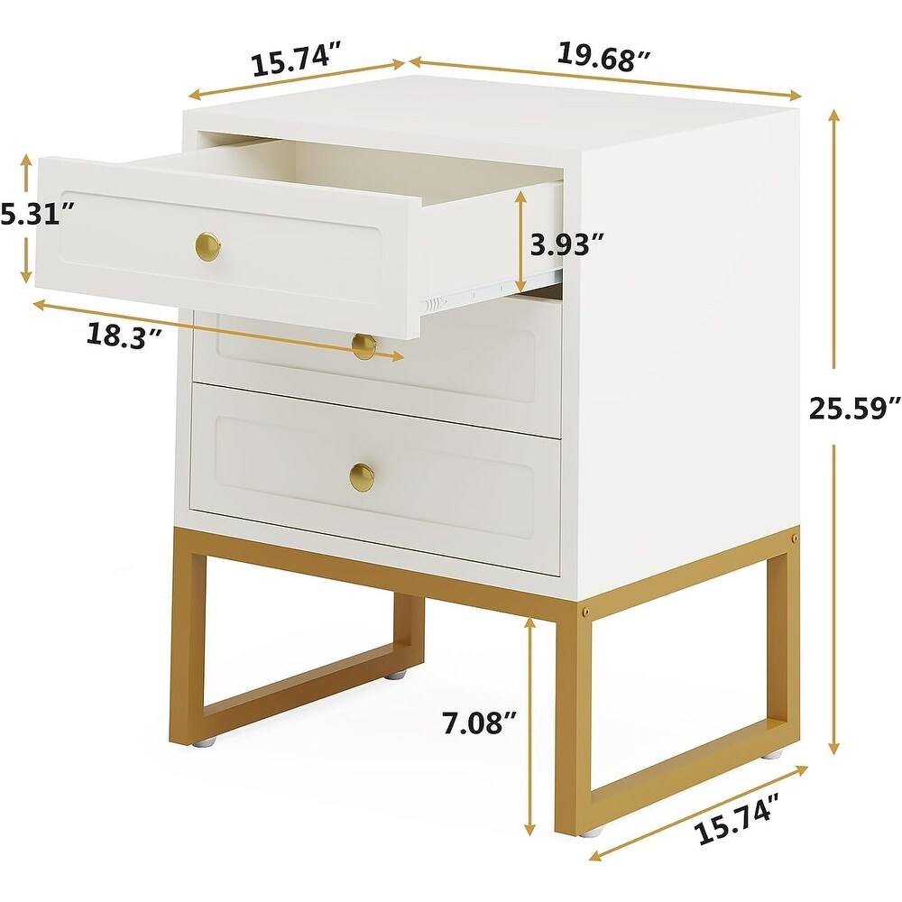 3 Drawer Nightstand  White Modern Sofa End Table  Woode for Bedroom