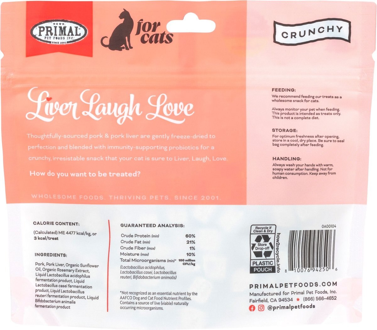 Primal Liver， Laugh， Love For Cats! Simply Pork Flavored Crunchy Cat Treats