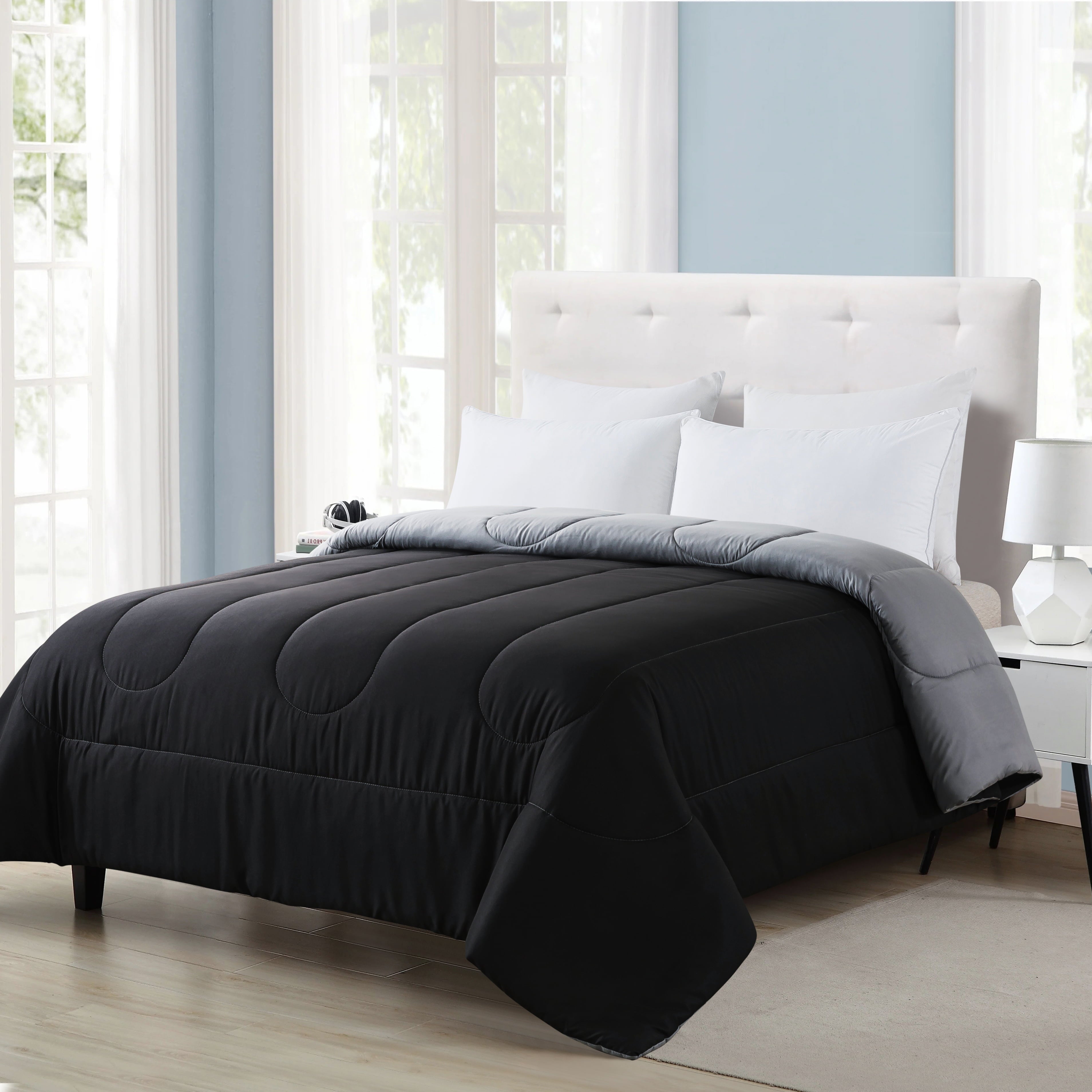 Mainstays Reversible Microfiber Comforter, Black, Queen