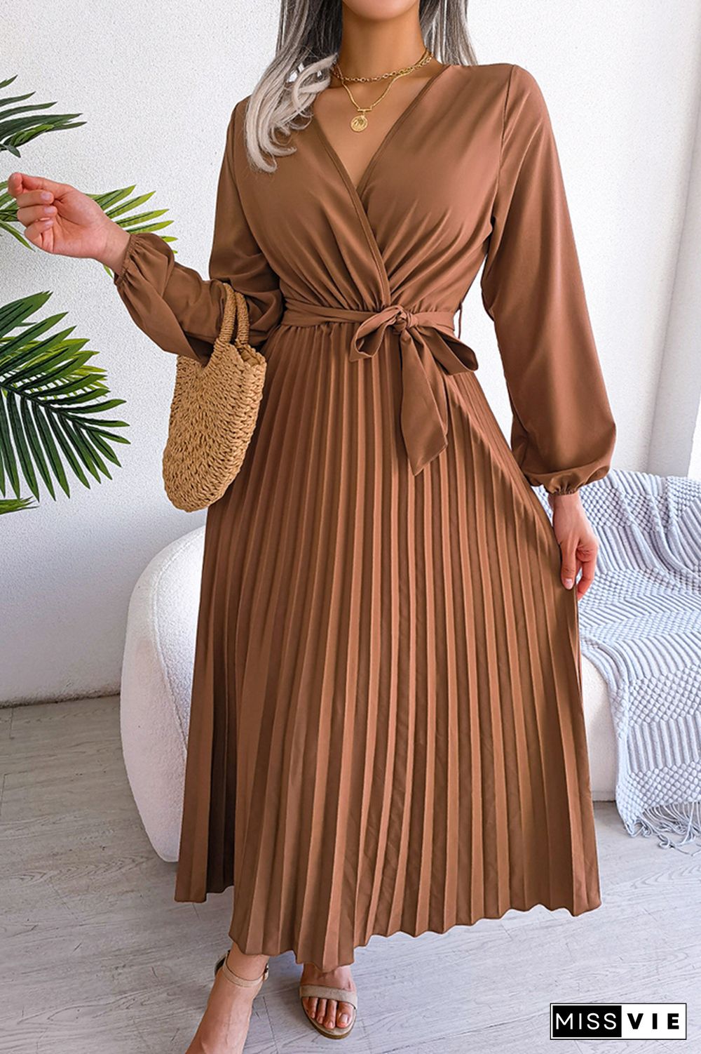 Plain Wrap V Neck Pleated Maxi Dress