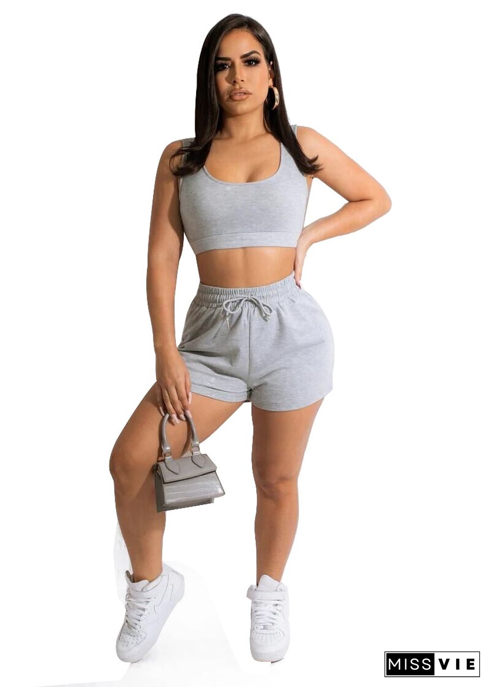 Solid Workout Vest Crop Top Shorts Two Piece Set