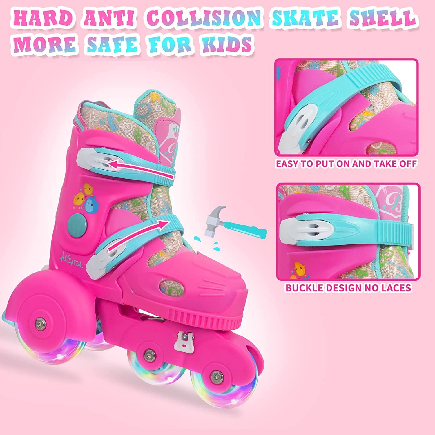 Nattork Roller Skates for Toddler Girls Boys 3-Point Balance with Light Up Wheels Princess Pink Small(11C-1)