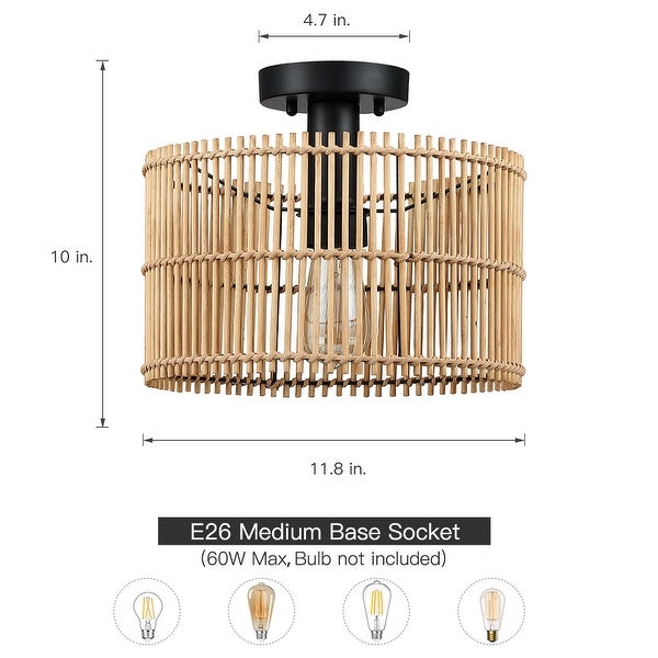 True Fine Eclectic Natural Rattan and Bamboo Semi Flush Mount Ceiling Light with Black Hardware - 11.8W