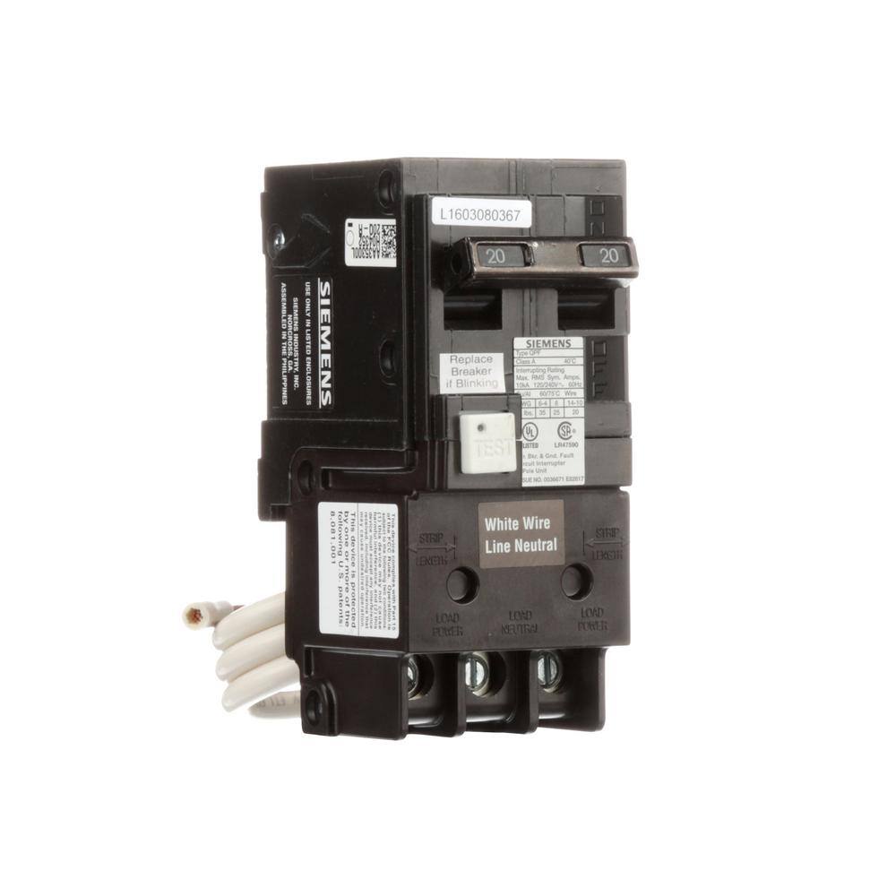 Siemens 20 Amp Double Pole Type QPF2 GFCI Circuit Breaker US2:QF220AP