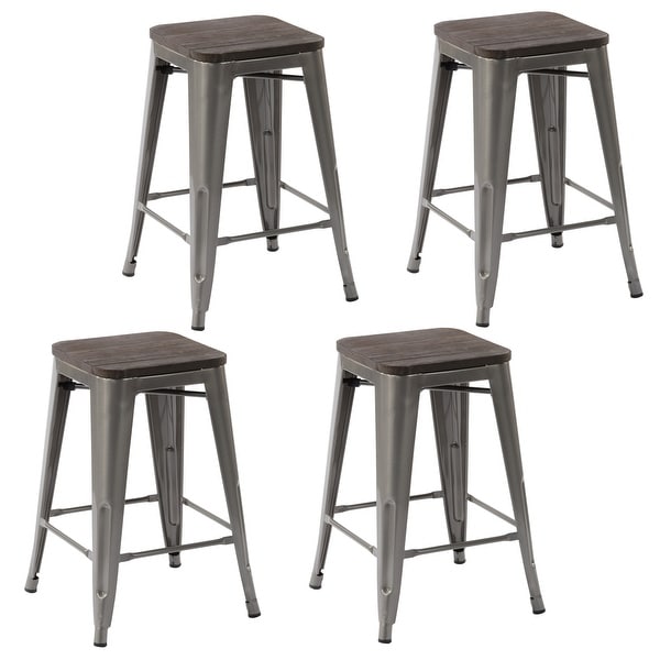 Homy Casa Stackable Metal Counter Stools with Solid Wood Seat