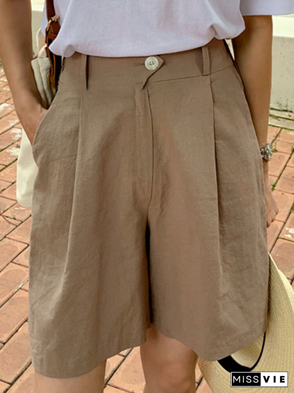 Solid Pocket Elastic Waist Casual Wide Leg Shorts