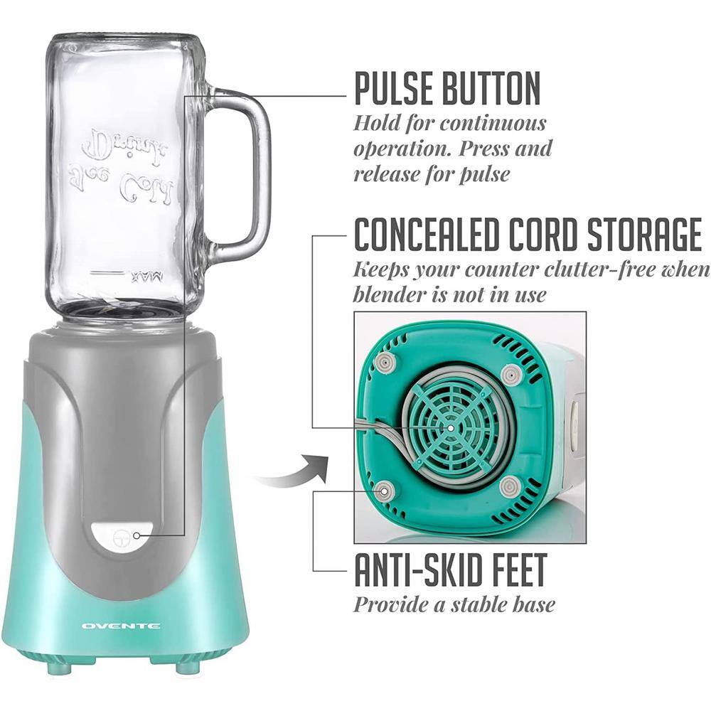 OVENTE 18 oz. Single Speed Turquoise Personal Portable Blender with Glass Jar BLH1002T