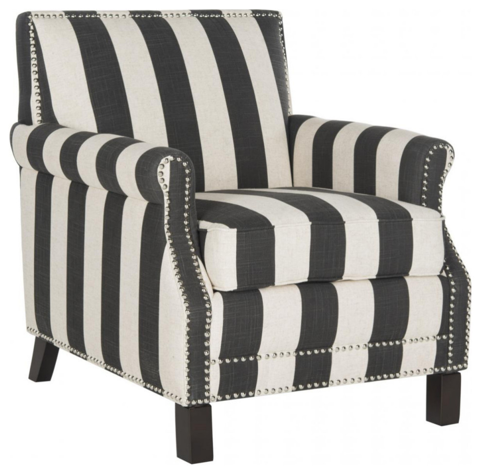 Jennifer Club Chair With Awning Stripes Silver Nail Heads Dark Gray/White   Farmhouse   Armchairs And Accent Chairs   by V.S.D Furniture  Houzz