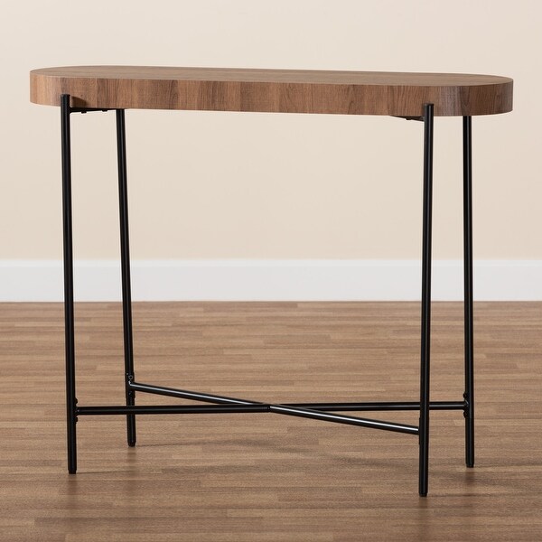 Savion Modern Industrial Walnut Brown Finished Wood and Black Metal Console Table