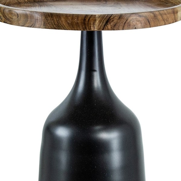 20， 17 Inch Side Table， Acacia Wood， Flared Pedestal Base， Aluminum， Black - 36.5 H x 30 W x 21 L