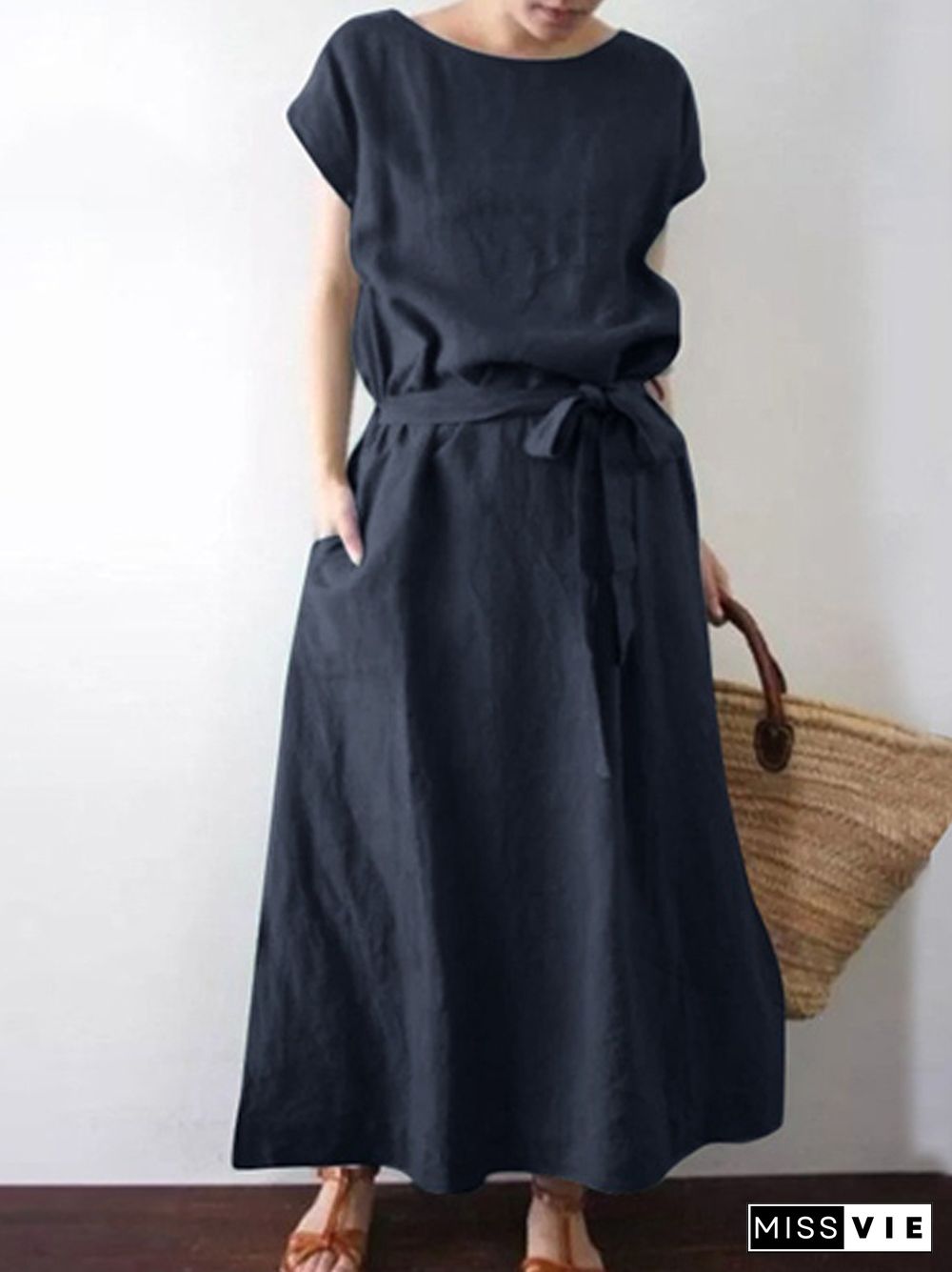 Casual O-Neck Solid Color Cotton Linen Belt Long Dress Retro Simple Commute Dress Women Fashion Loose Short Sleeve Pocket Dress