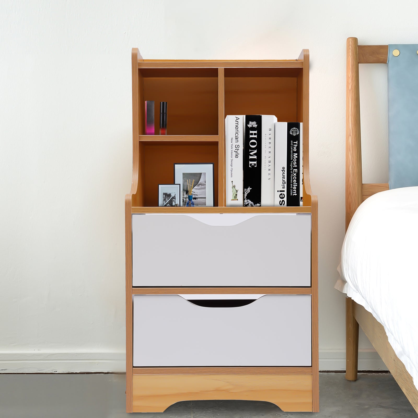 Oukaning  Modern Wood Nightstand Side Furniture with 2 Drawers and Storage Shelves Wood Color