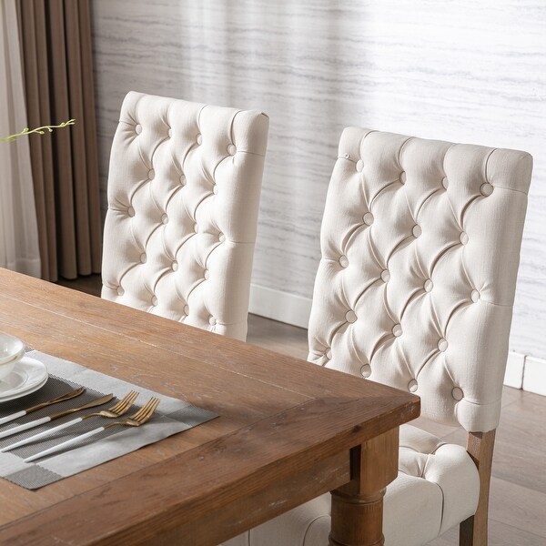 Wooden Frame Linen Fabric Tufted Dining Chair，Set of 2