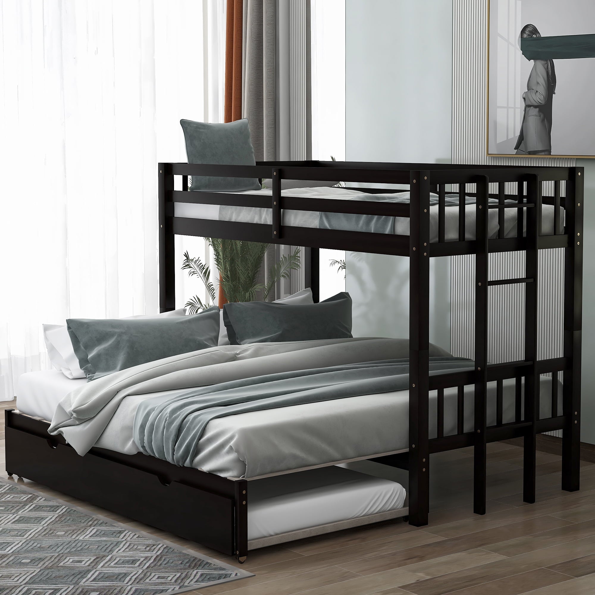 Euroco Wood Twin Over Twin Bunk Bed with Trundle for Kids Room, Espresso