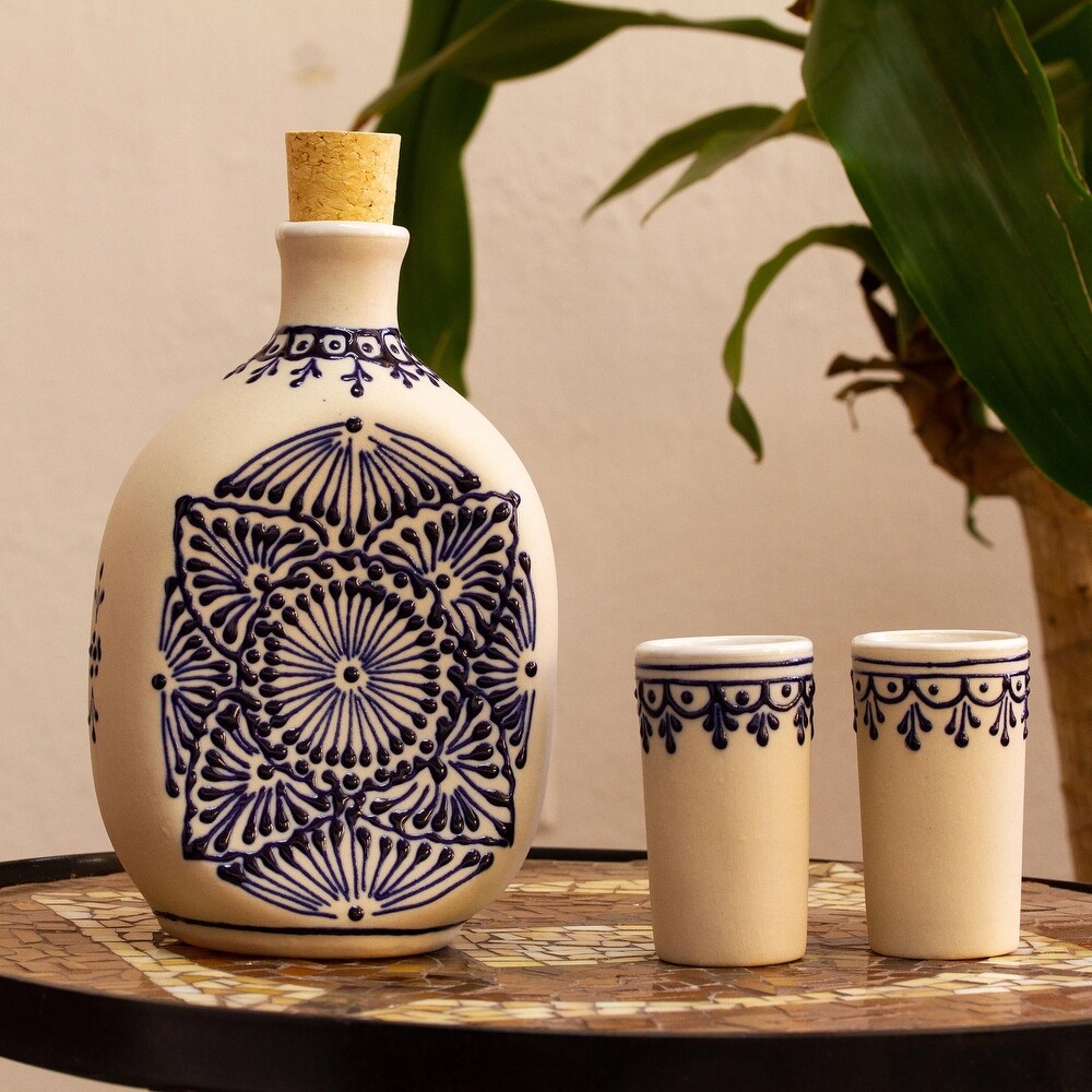 NOVICA Artisan Handblown Ceramic Tequila Decanter Beige Talavera Style Mexican Glasses 'Traditional Spirit'(Set of 3)