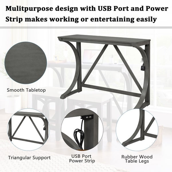 3-Piece Counter Height Dining Table Set with USB Port Gray|G