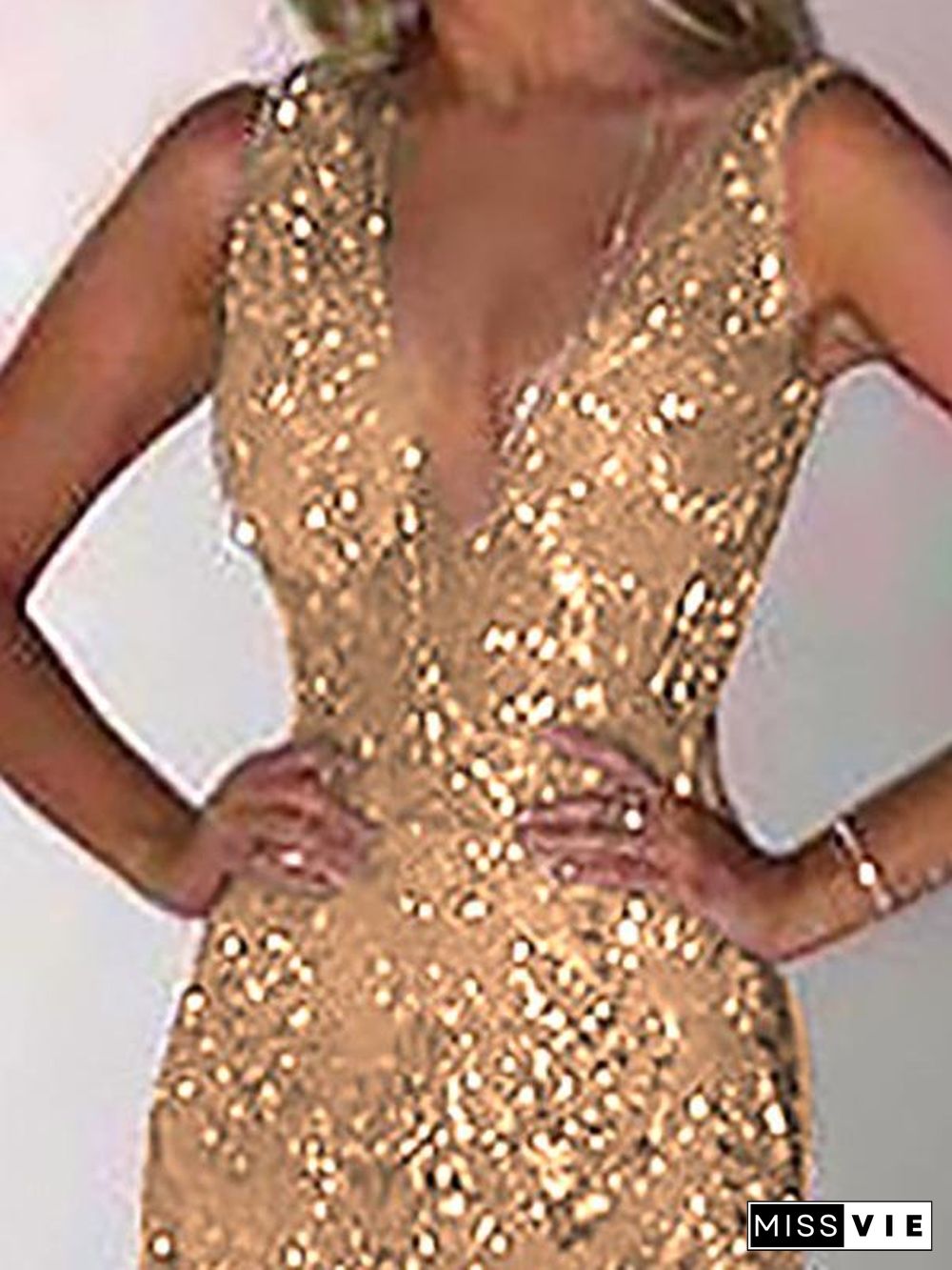 Sleeveless Deep V Neck Sequin Party Evening Long Dress