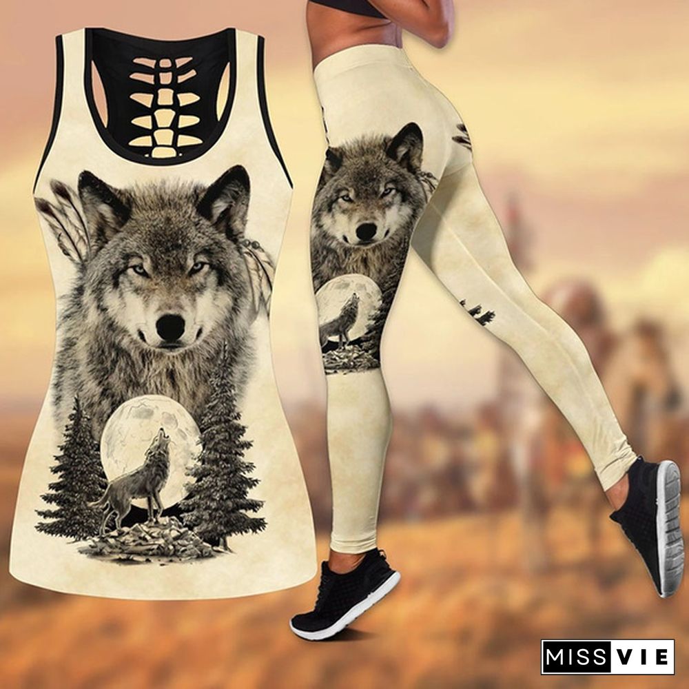 Women Wolf Native American 3D All Over Printed Legging + Hollow Tank Sleeveless Shirt Summer Vest for Women Plus Size Yoga Tank Tops Leggings Suit