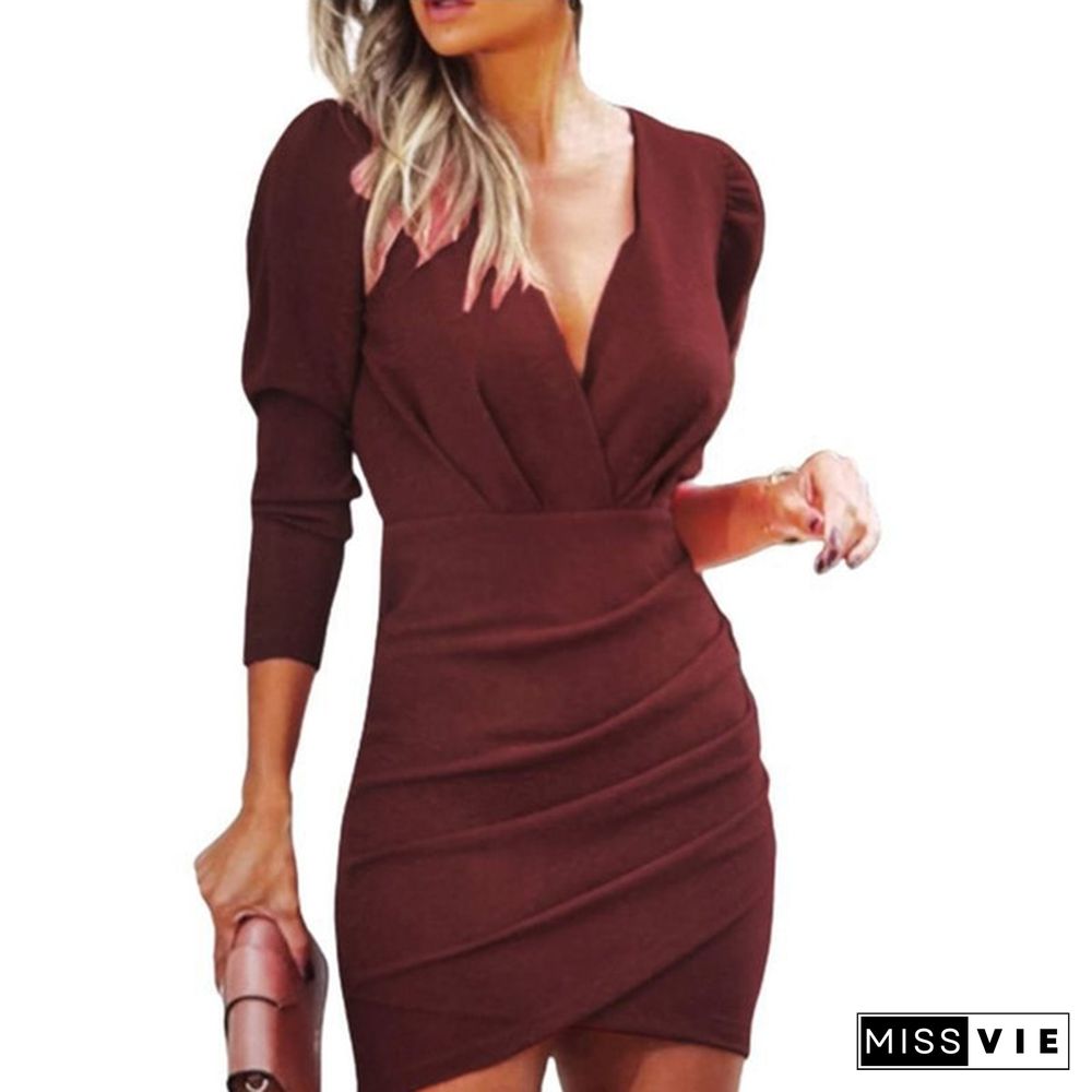 OL Style Women Fashion Long Sleeve Sexy Solid Color Bodycono V-Neck Pleated Dress Vestisdo