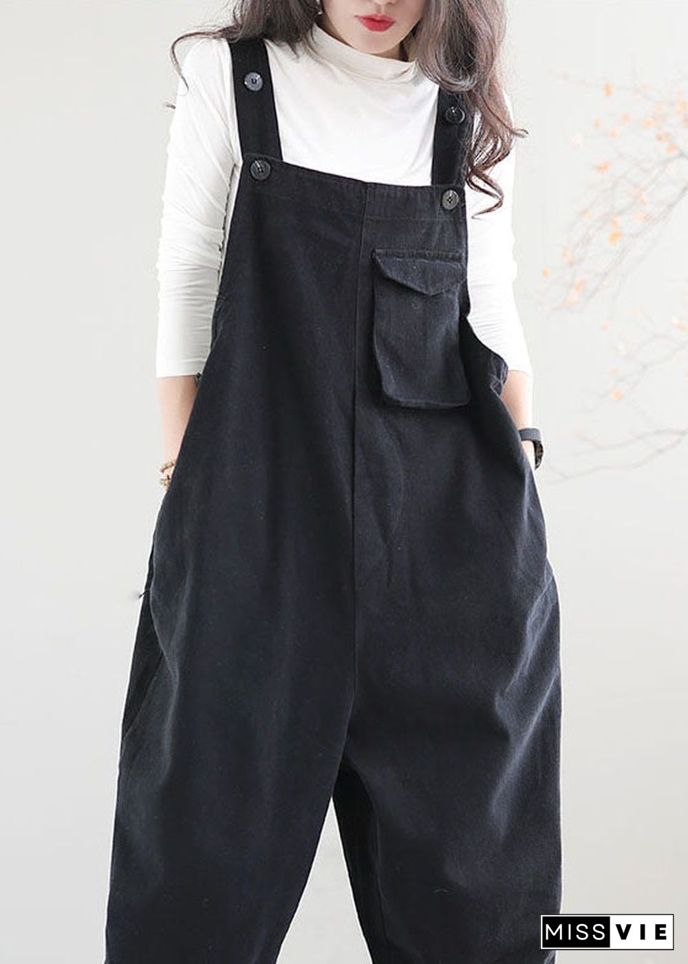 Black Pockets Patchwork Cotton Jumpsuit Button Spring